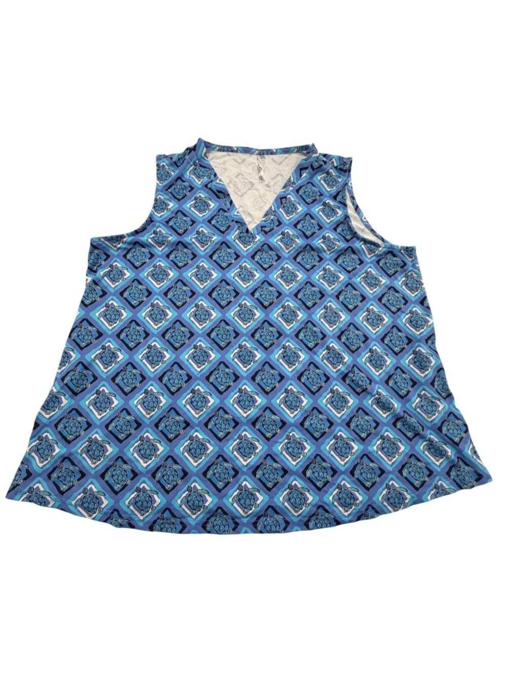 Lulu-B Womens XL Sleeveless V-Neck Top Blue Turtle Print Nylon Blend